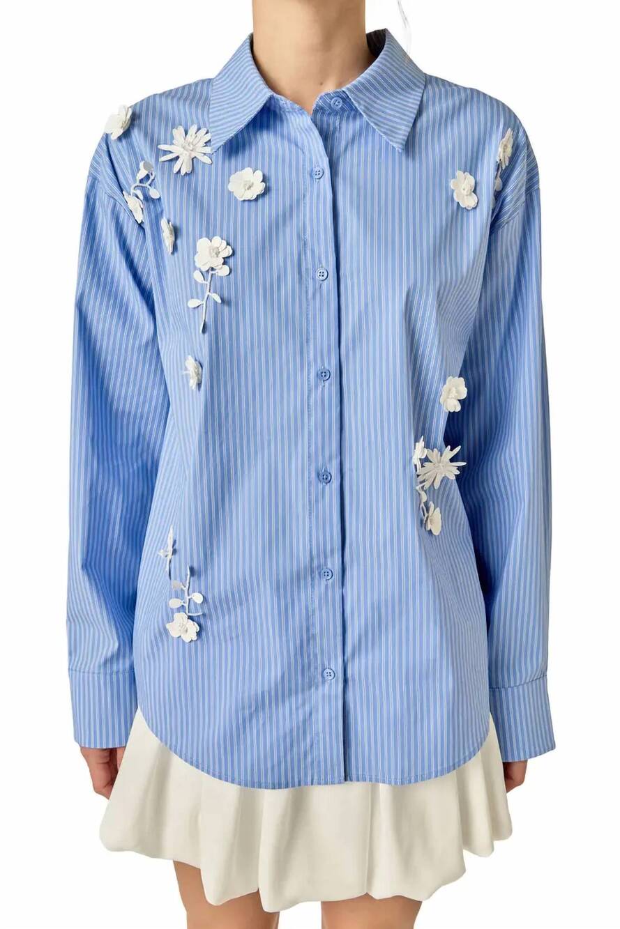NEW ENGLISH FACTORY flower trim striped shirt in powder blue